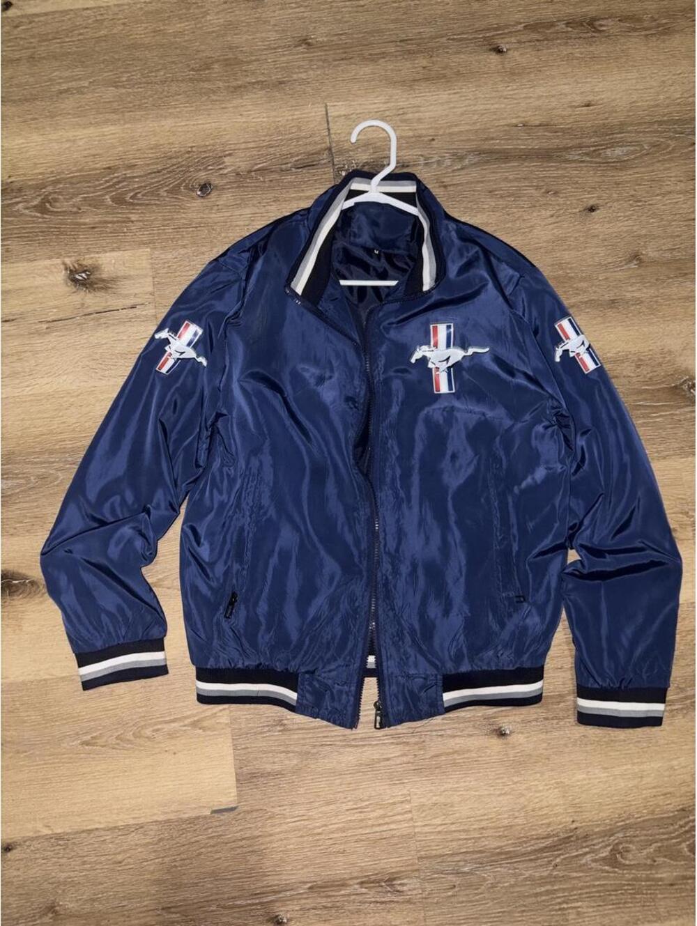 Navy Mustang Pony Logo Satin Bomber Jacket Medium